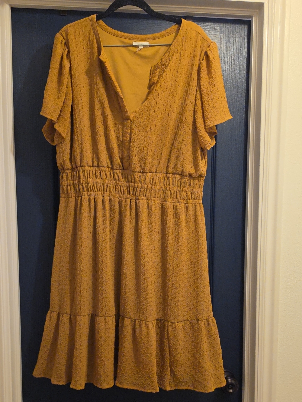 Maurices Extra Large Mustard Textured V-Neck Midi Dress Flutter Sleeves
